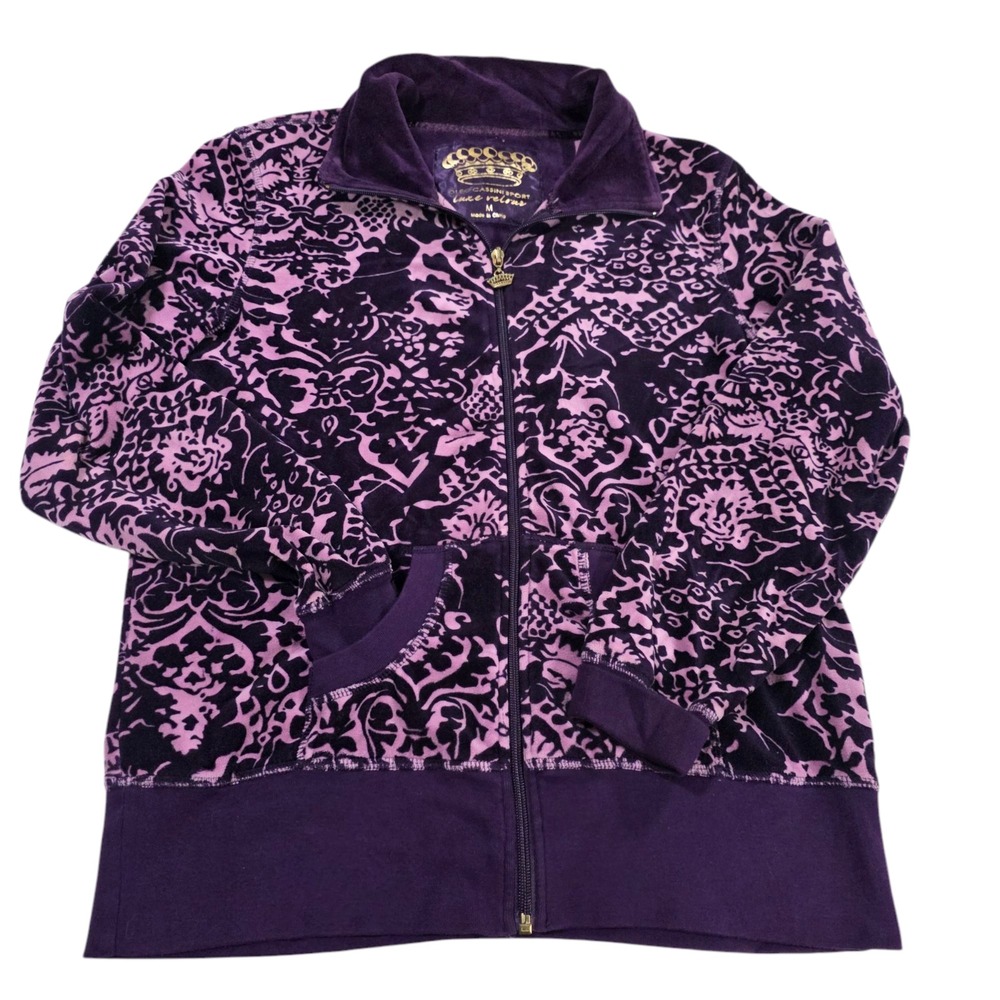 Oleg Cassini Sport Luxe Full Zip Jacket Womens Purple M Velour Damask Print Coat
